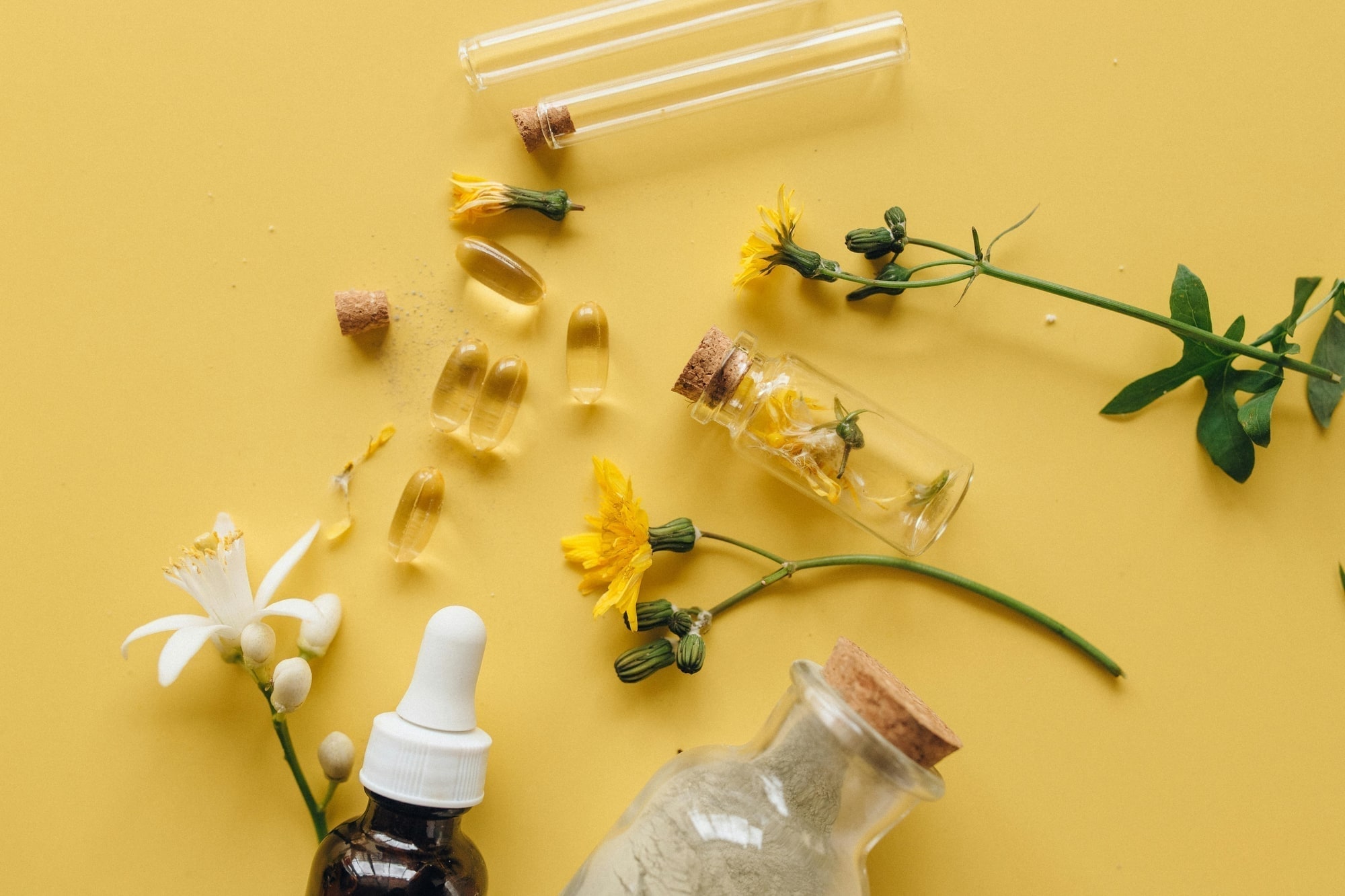 Homeopathic remedy bottles with fresh flowers and herbs